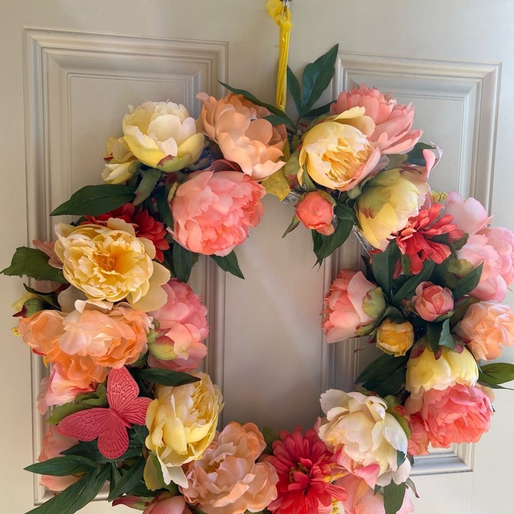 Floral 18 inch  Wreath with Peach Orange  and Yellow Peony Flowers
